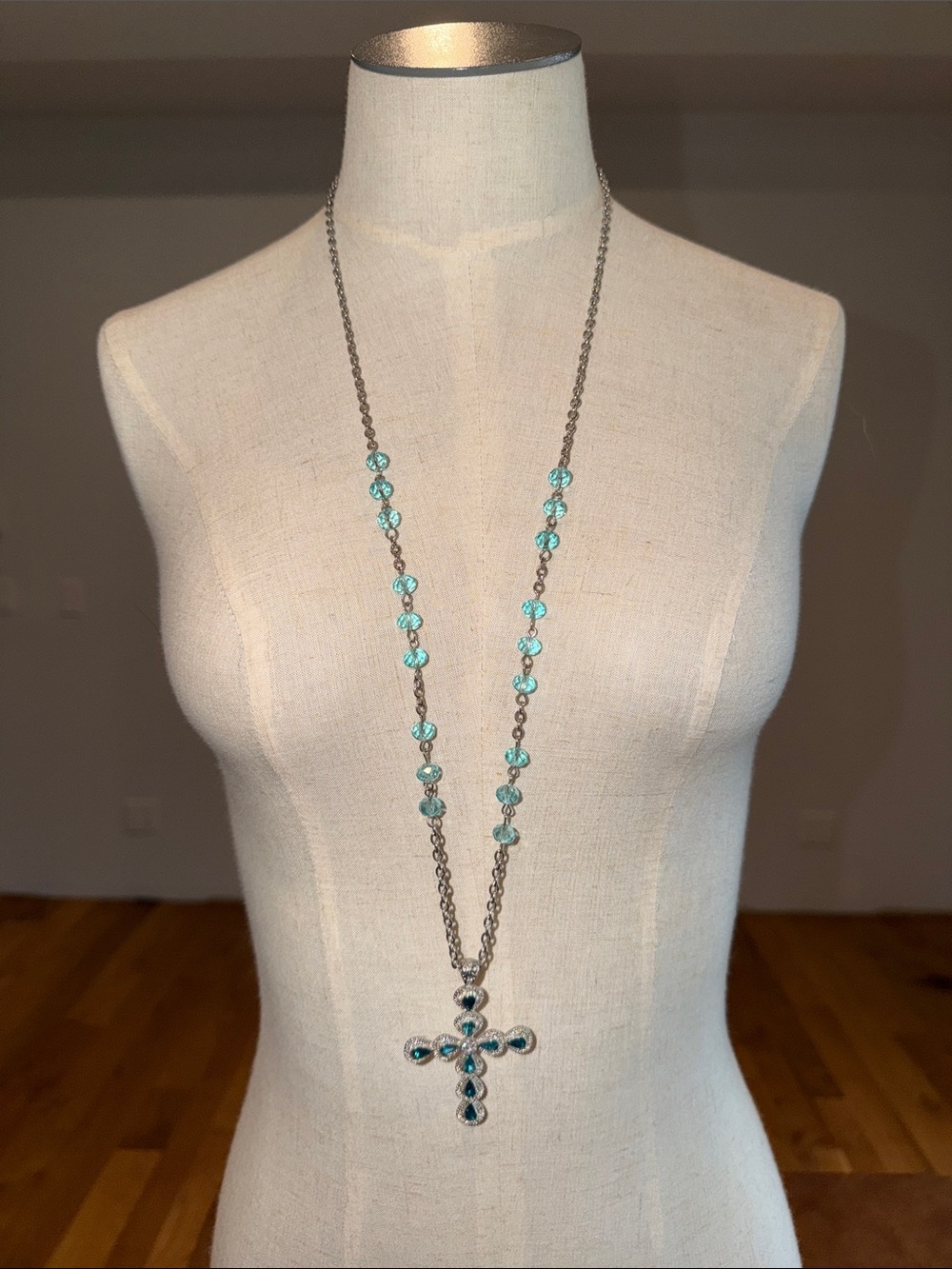 Long Silver Chain Cross Necklace with Aqua Blue Stones